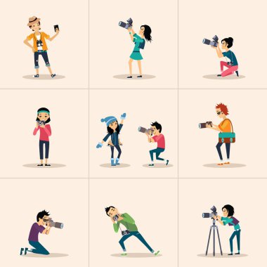 creative character design people posing while photographer taking photos clipart