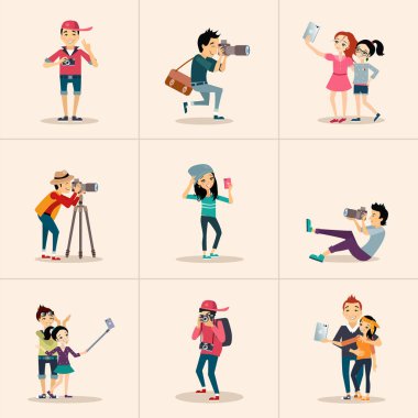 Vector creative character design people posing while photographer taking photos clipart