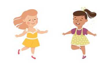 Müzik eşliğinde dans eden küçük kız ve eğlence vektörü seti. Komik Gülümseyen Çocuk Eğlence Faaliyetine Bağlandı