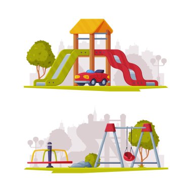 Çocuk oyun parkı Şehir Yaz Alanı Vektör İllüstrasyon Seti için. Green City Park Kaydırağı, Salla ve Döner Kavram