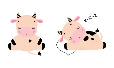 Minik şirin inek toynak toynaklı ve horlayan yastık vektör setinde uyuyor. Çiftlik hayvanı rolünde komik sığırlar