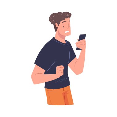 Akıllı Telefon Okuyan Şok İçeriği veya Haber Vektörü İllüstrasyonlu Erkek Karakteri. Genç Sersemlemiş Erkek Sosyal Medya Postasıyla Şaşkına Döndü