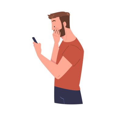 Smartphone Reading Shock Content ya da News Vector Illustration ile Sakallı Adam Karakteri. Genç Sersemlemiş Erkek Sosyal Medya Postasıyla Şaşkına Döndü
