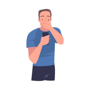 Akıllı Telefon Okuyan Şok İçeriği veya Haber Vektörü İllüstrasyonlu Erkek Karakteri. Genç Sersemlemiş Erkek Sosyal Medya Postasıyla Şaşkına Döndü