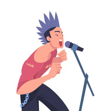 Man Rock Şarkıcısı ve Hawk ile Müzisyen ve Sahne Vektörü İllüstrasyonunda Mikrofon Performans Müziği. Genç Erkek Vokalist Sesle Şarkı Söylüyor