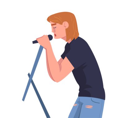 Man Singer ve Müzisyen Sahne Vektörü İllüstrasyonunda Mikrofon Sahne Müziği ile. Genç Erkek Vokalist Sesle Şarkı Söylüyor