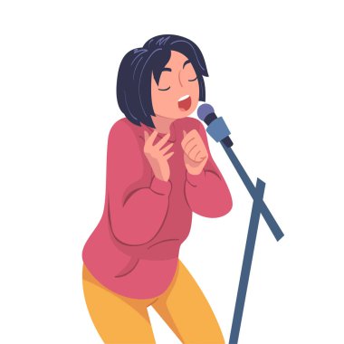 Kadın Şarkıcı ve Müzisyen Sahne Vektörü İllüstrasyonunda Mikrofon Performans Müziği ile. Genç Kadın Vokalist Sesle Şarkı Söylüyor