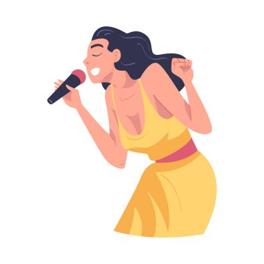 Kadın Şarkıcı ve Müzisyen Sahne Vektörü İllüstrasyonunda Mikrofon Performans Müziği ile. Genç Kadın Vokalist Sesle Şarkı Söylüyor
