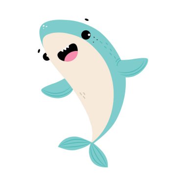 Mavi Köpekbalığı, Fin rolünde Deniz Hayvanı Gülümseyen ve Yüzen Okyanus Vektörü İllüstrasyonunda. Keskin Dişli Su Memelisi