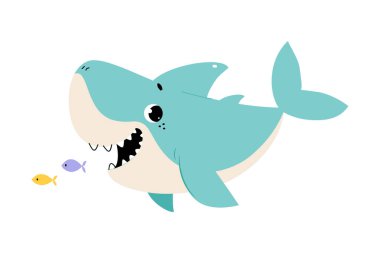 Comic Blue Shark, Okyanus Vector Illustration 'da yüzen küçük balığı kovalayan Deniz Hayvanı rolünde. Keskin Dişli Su Memelisi