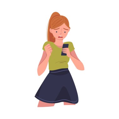 Woman Character with Smartphone Reading Shock Content or News Vector Illustration. Young Stunned Female Astonished with Social Media Post clipart