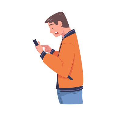 Akıllı Telefon Okuyan Şok İçeriği veya Haber Vektörü İllüstrasyonlu Erkek Karakteri. Genç Sersemlemiş Erkek Sosyal Medya Postasıyla Şaşkına Döndü