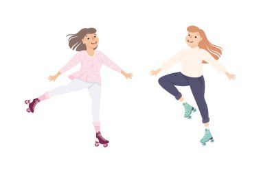 Heyecanlı Kadın Karakter Dansı Patenli Paten Vector Illustration Set. Genç Bayan Patenci Spor ya da Hobi Açık Hava Aktivitesi Konseptine Bağlandı