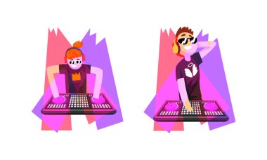 Club Disc Jockey or DJ Playing Recorded Music at Console Mixer and Mixing Sound with Turntable Vector Set. Man in Headphones with Audio Equipment in Nightclub clipart