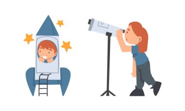 Curious Little Boy and Girl with Telescope and Rocket Studying Space and Galaxy Vector Illustration Set. Cute Kid Engaged in Aerospace and Universe Learning Concept clipart