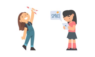 Meraklı Küçük Kız Uzay ve Galaksi Vektör İllüzyonu Seti. Uzay ve Evren Öğrenme Konsepti ile İlgili Sevimli Çocuk