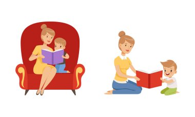 Şirin Küçük Çocuk ve Anne Oturup Masal Okuyor ya da Fantezi Kitapları Hayal Eden Vector Set. Ebeveyn ve Küçük Çocuk Hikaye Anlatımına Bağlandı