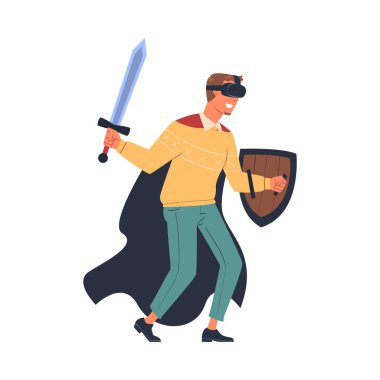 Sanal gerçeklik kulaklığı takan ve soyut VR Dünya Vektör İllüstrasyonuna daldırılmış Kılıç ve Kalkan Dövüşü yapan adam. Sanal Büyütülmüş Gerçeklik Gözlüklü Erkek Simülatör Deneyiminden Hoşlanıyor