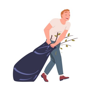 Adam Gönüllü Temizlikçi Çöp ve Yaprak Vektörü İllüzyonuyla Çanta Taşıyor. Sokak Temizleme Ortamı 'na Katılan Genç Erkek