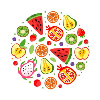 Olgun Parlak Meyve ve Tatlı Bahçe Gıda Vektör Çemberi Düzenleme. Lezzetli Organik Vitaminli Beslenme