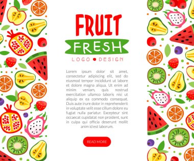 Olgun Parlak Meyve Tasarımı ve Tatlı Bahçe Gıda Vektörü Şablonu. Lezzetli Organik Vitaminli Beslenme Afişi
