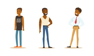 Standing Poose Vector Set 'de gündelik giyinen neşeli Afro-Amerikan Adam. Genç Gülümseyen Erkek Portresi