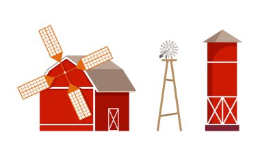 Flour Mill with Rotating Blade and Water Tower Tank Vector Illustration Set. Agriculture and Farming Concept clipart