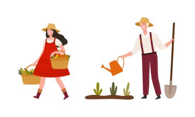 Hasır Şapkalı Erkek ve Kadın Çiftçi Sepet Taşırken Ekinler ve Sulama Bahçesi Yatak Vektörü İllüzyonu Seti. Erkek ve Kadın Kırsal Konseptte Kırsal Çalışmaya Başladı