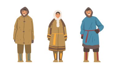 Eskimo Yerli Erkek ve Kadın Karakterleri Geleneksel Kalın Giysiler Vector Set. Etnik Kuzey Giyinen Erkek ve Kadın
