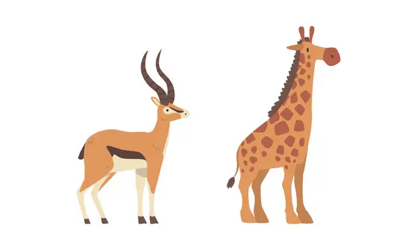 stock vector Antelope with Horns and Giraffe with Long Neck as Wild African Animal Living in Savannah. Exotic Savanna Mammal