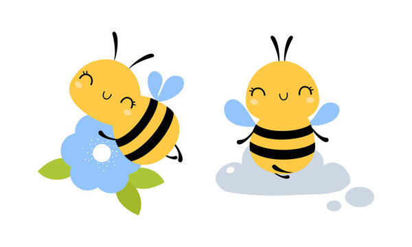 Cute Little Honey Bee with Wings and Black Stripes Flying with Flower and Meditating Vector Set. Funny Insect Buzzing Around