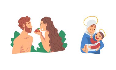 Adem ve Havva 'nın Yasak Meyve Yiyişi ve Meryem' in İsa 'yı Tutuşu Bebek Resimleri Seti' yle İncil Anlatımı. Hıristiyan ve Yahudi İçin İncil 'deki Dini ve Ruhsal Bölüm Konsepti
