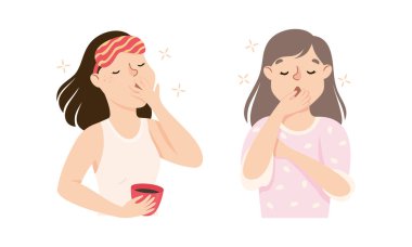 Uykucu Kadın Esneme Uyku Vektörü İllüzyonu Seti. Genç Kadın Uykusuzluk Konseptinden Uyuşukluk Deneyi