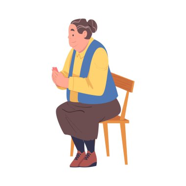 Üst düzey kadın karakter iskambil oynuyor. Sandalye vektörü illüstrasyonunda oturuyor. Gri Saçlı Kadın Emeklilik Faaliyeti ve Hobisine Bağlandı