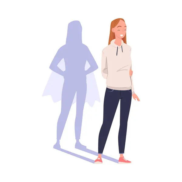 stock vector Shadow of Woman Superhero Character Standing and Smiling Vector Illustration. Young Female in Role of Hero Having Power and Courage