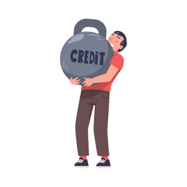 Credit Vector Illustration 'ın Ağır Yükümlülüğü rolünde Man Holding Big Kettlebell ile ipoteğin ciddiyeti. Genç Erkek Konut Kredisinin Mali Ödemesiyle Mücadele Ediyor