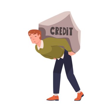 Kredi Vektörü İllüzyonu 'nun Ağır Yüküyle Büyük Taş Taşıyan Adam İpotek Ödemesinin Şiddeti. Genç Erkek Konut Kredisinin Mali Ödemesiyle Mücadele Ediyor