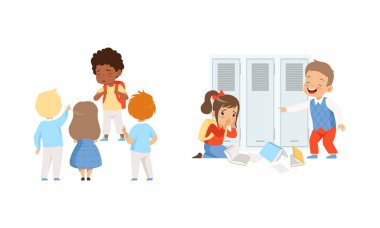 Saldırgan Çocuk ve Kız Zorbalık ve Kötü Yaş Arkadaşı Vektör İllüzyon Seti. Küçük Çocuk Kötü Davranışlar Zayıf Kavram 'da Alay ve Alay Etme