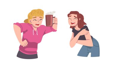 Kapüşonlu Neşeli Kadın ve Kupa ve Gülen Vektör Seti. Kadın Duygusu ve Duygu İfadesi