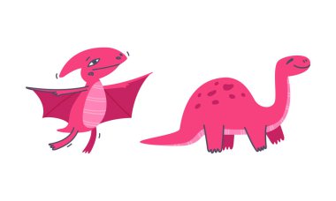 Şirin Tarih Öncesi Yaratık ve Komik Jurasik Yırtıcı Vektör Seti rolünde Komik Dinozor. Nesli tükenmiş Hayvanat ve Hayvan Konsepti Olarak Güzel Sürüngen