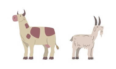 İnek ve Keçi, Boynuzlu Toynak Memeli ve Çiftlik Hayvanları Vektör Kümesi. Yurtiçi Çiftlik Hayvanları Yetiştirme ve Kırsal Hayvancılık