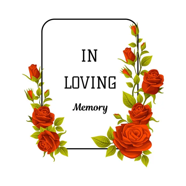 stock vector Funeral Red Rose Frame with in Loving Memory Quote and Inscription Vector Illustration. Mourning Decorative Flower Border with Lush Buds Arrangement and Lettering