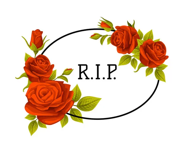 stock vector Funeral Red Rose Frame with Rest in Peace Quote and Inscription Vector Illustration. Mourning Decorative Flower Border with Lush Buds Arrangement and Lettering