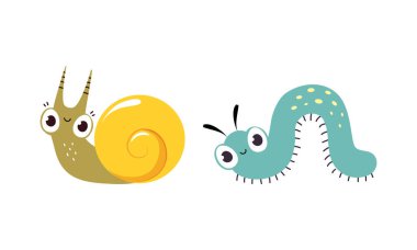 Sürünen Şirin Tırtıl ve Salyangoz, Bahçe Böceği Vektör Kümesi rolünde Spiral Shell. Komik Küçük Böcek Konsepti