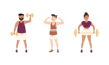Beden Eğitimi ve Vücut Egzersizi Yapan Erkek ve Kadın Atletizm Giyimi ve Vücut Geliştirme Vector Set. Erkek ve Kadın Spor Merkezi 'nde Vücut Kaslarını Güçlendiriyor