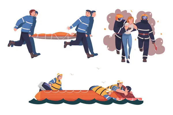 stock vector Rescue and Life Saving with People Character Helping in Emergency and Dangerous Situation Vector Set. Man Carrying Stretcher, Leading Woman from Fire, Pulling Drowned from Water