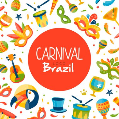 Davul ve Maskeli Balo Maskesi Şablonu ile Brezilya Rio Karnaval Tasarımı. Parlak Kart veya Müzik Festivali Kutlaması Posteri