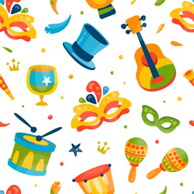 Brezilya Karnavalı Kusursuz Şablon Davul ve Maskeli Maskeli Şablon. Müzik Festivali Kutlaması için Parlak Duvar Kağıdı