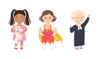 Kibar ve Güzel Küçük Kız, Kedi ve Giyen Saray Elbisesi ve Süper Kahraman Pelerin Vektör Seti. Ahlak ve Terbiyeli Çocuk Doğruluk İçin Savaşıyor