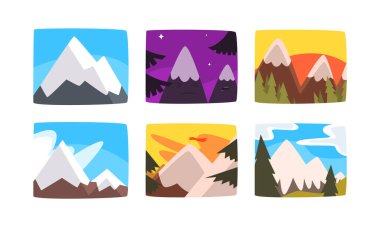 Mountain Peak ve Summit Picture View with Sky and Trees Vector Set. Yükselen Yüksek Kaya veya Yığın Kavramı